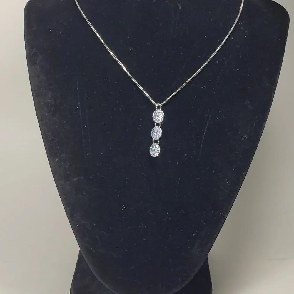 Necklace - Swarovski Crystal  - Triple Stones Drop Pendant, Rhodium Overlay, 18" - Picture 8 of 13